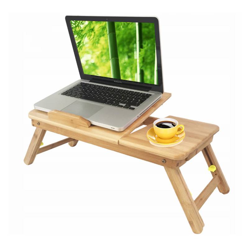 Ventillátor hűtéses állítható bambuszfa laptop tartó - fiókkal